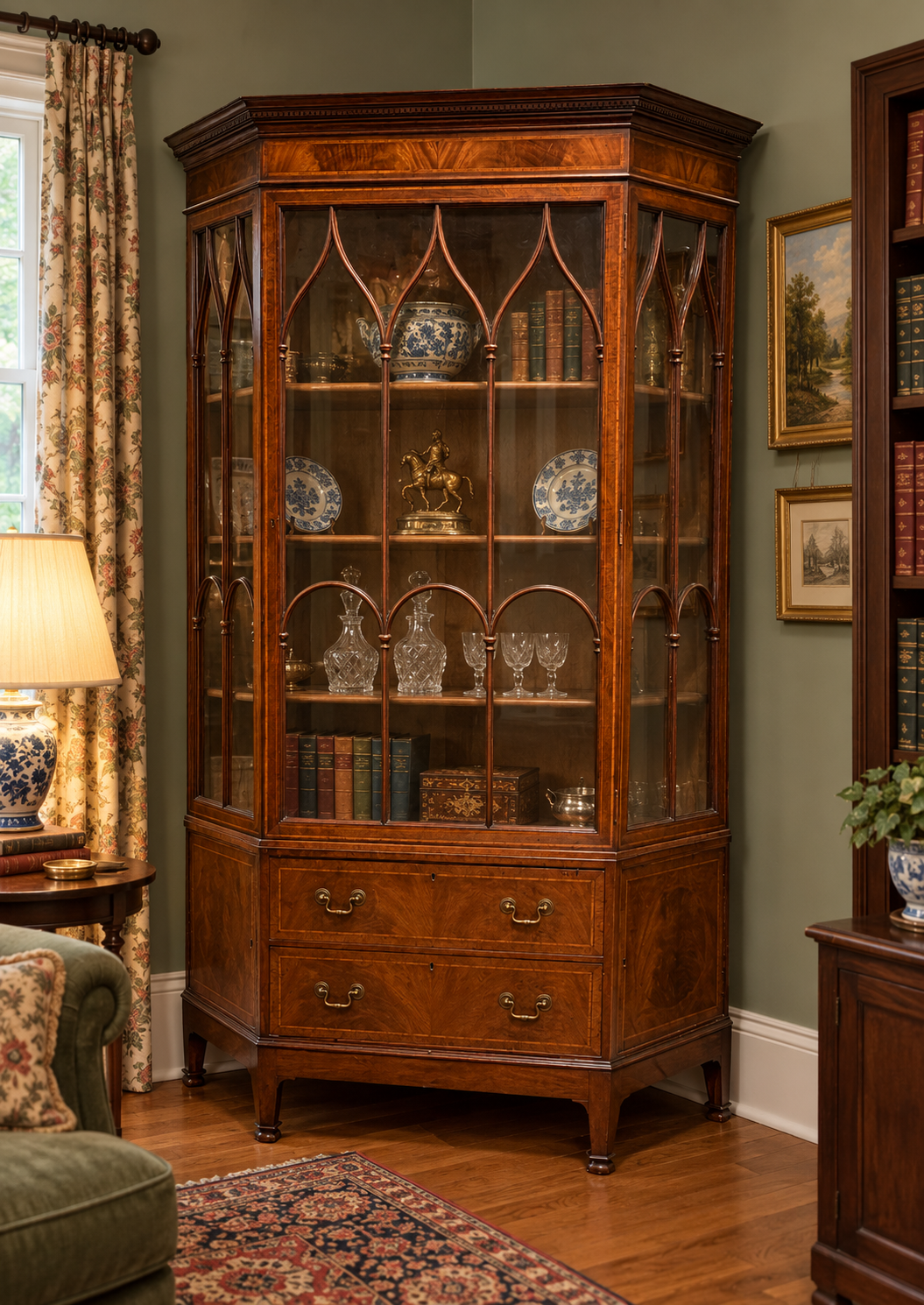 Large Antique Sheraton Style Edwardian Inlaid Mahogany Display Cabinet & Drawers