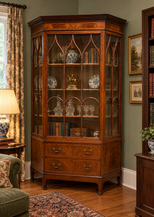 Large Antique Sheraton Style Edwardian Inlaid Mahogany Display Cabinet & Drawers
