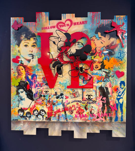 Uri Dushy Signed Large Original Mixed Media Painting FOLLOW YOUR HEART FOR LOVE