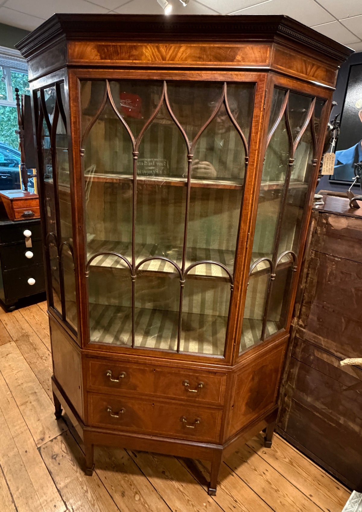 Large Antique Sheraton Style Edwardian Inlaid Mahogany Display Cabinet & Drawers