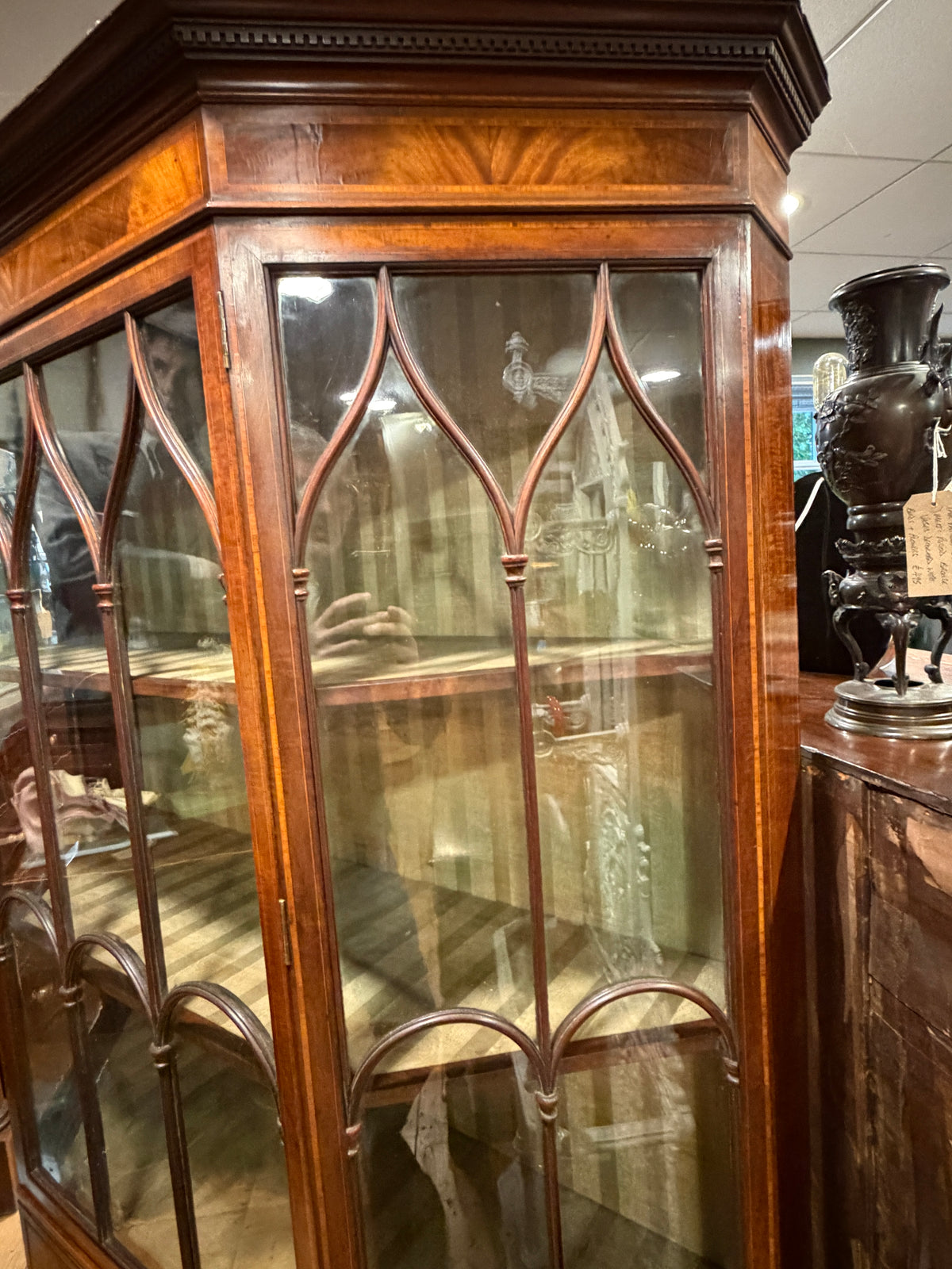 Large Antique Sheraton Style Edwardian Inlaid Mahogany Display Cabinet & Drawers