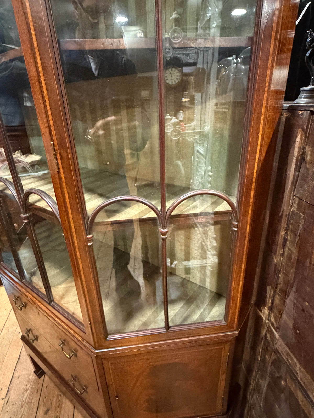 Large Antique Sheraton Style Edwardian Inlaid Mahogany Display Cabinet & Drawers
