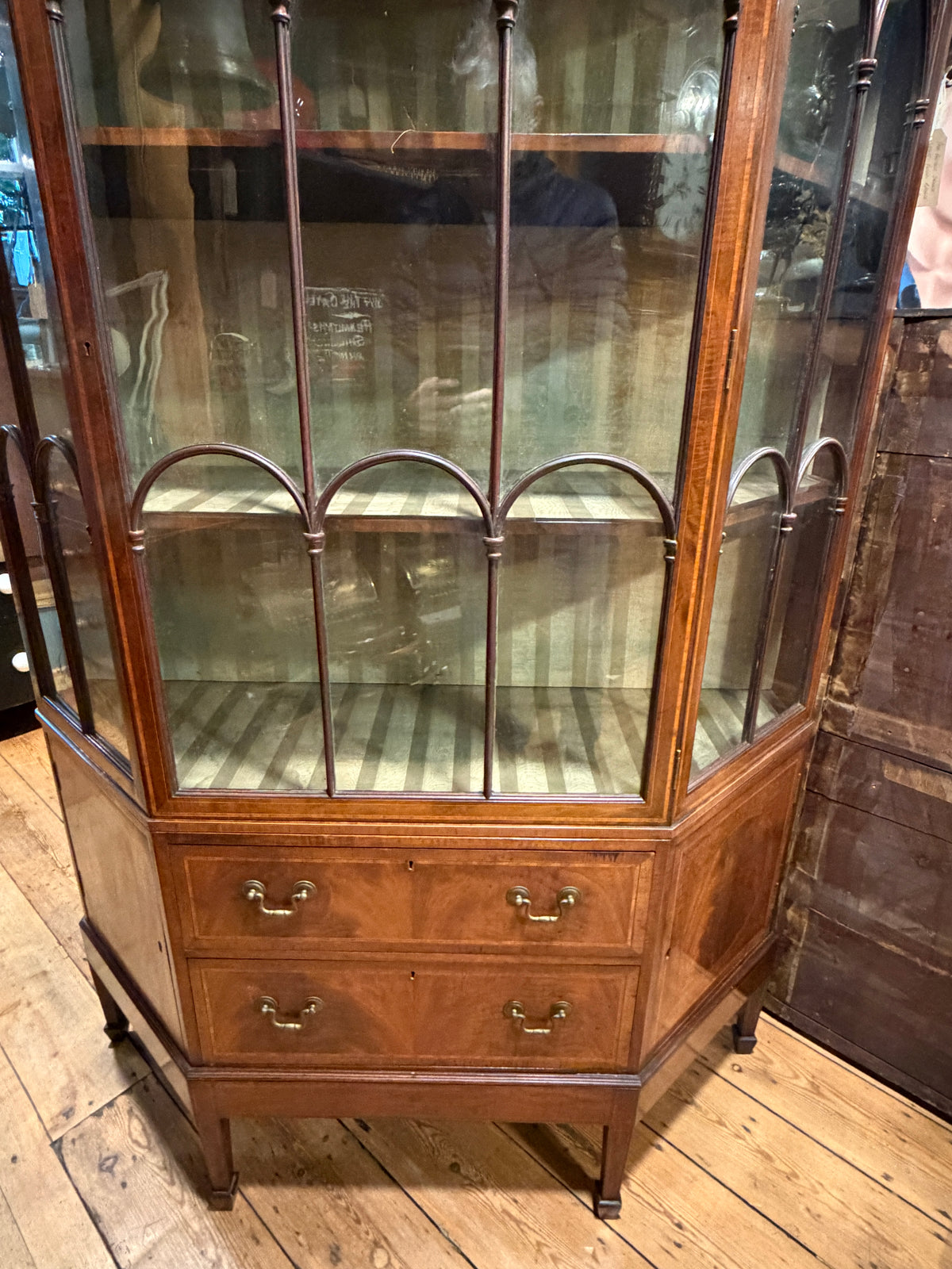 Large Antique Sheraton Style Edwardian Inlaid Mahogany Display Cabinet & Drawers
