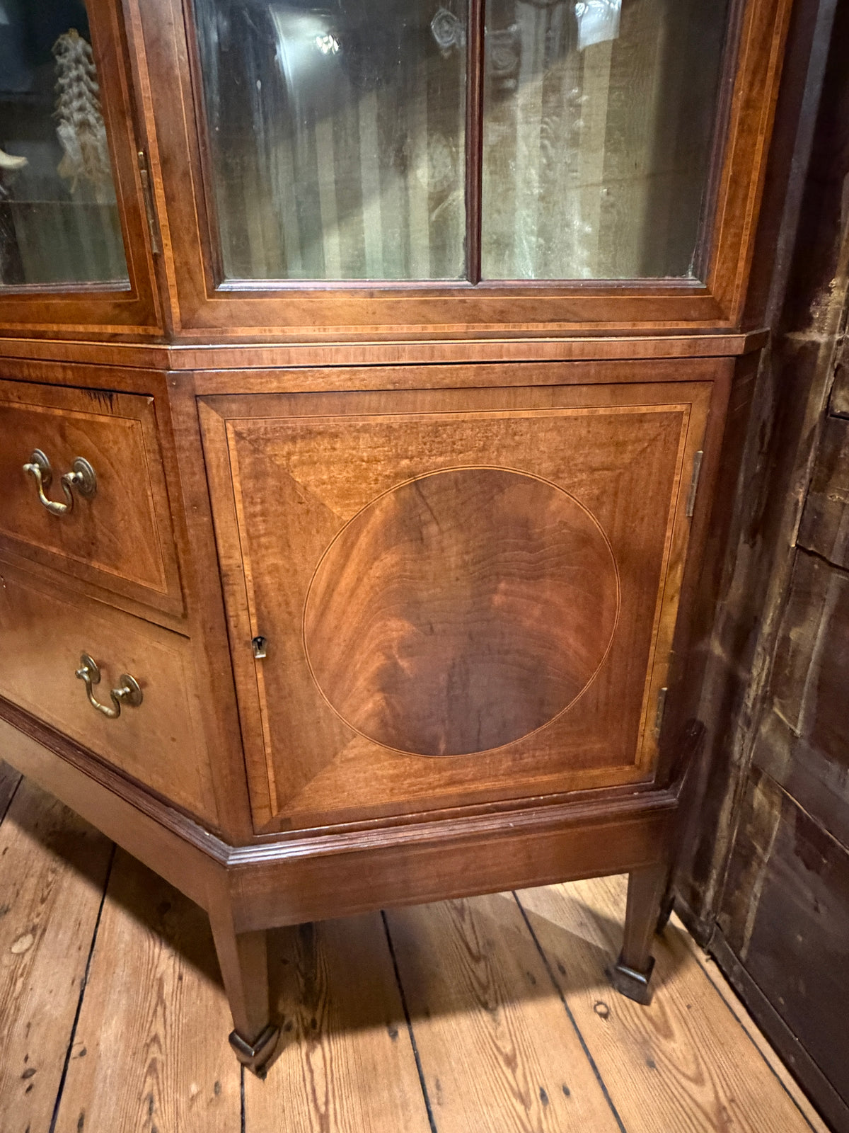 Large Antique Sheraton Style Edwardian Inlaid Mahogany Display Cabinet & Drawers