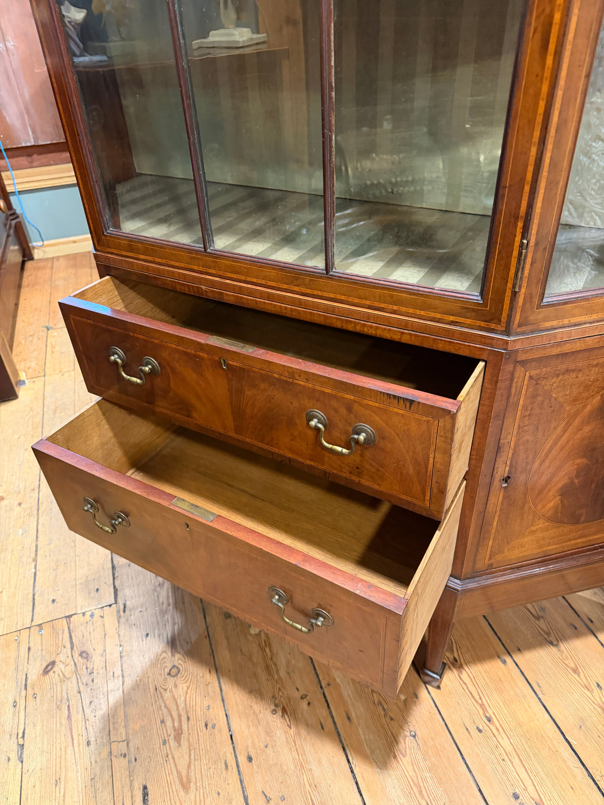 Large Antique Sheraton Style Edwardian Inlaid Mahogany Display Cabinet & Drawers