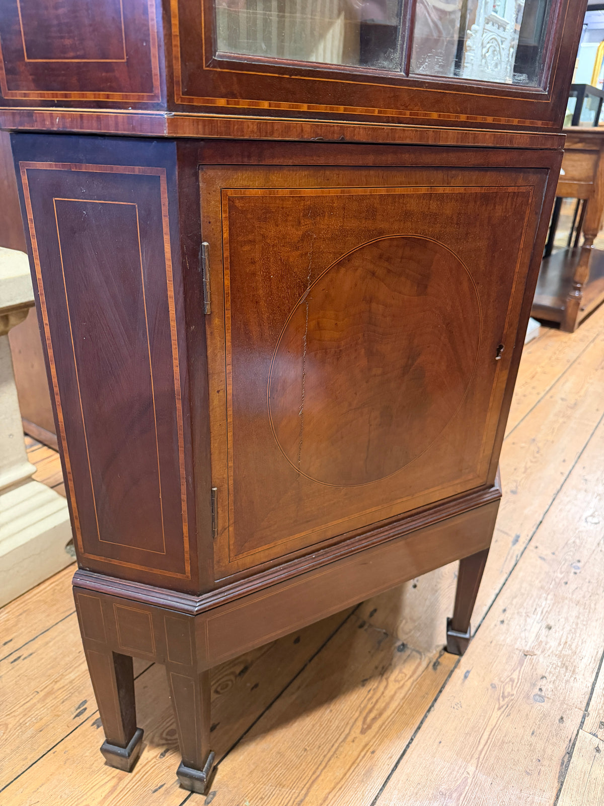 Large Antique Sheraton Style Edwardian Inlaid Mahogany Display Cabinet & Drawers