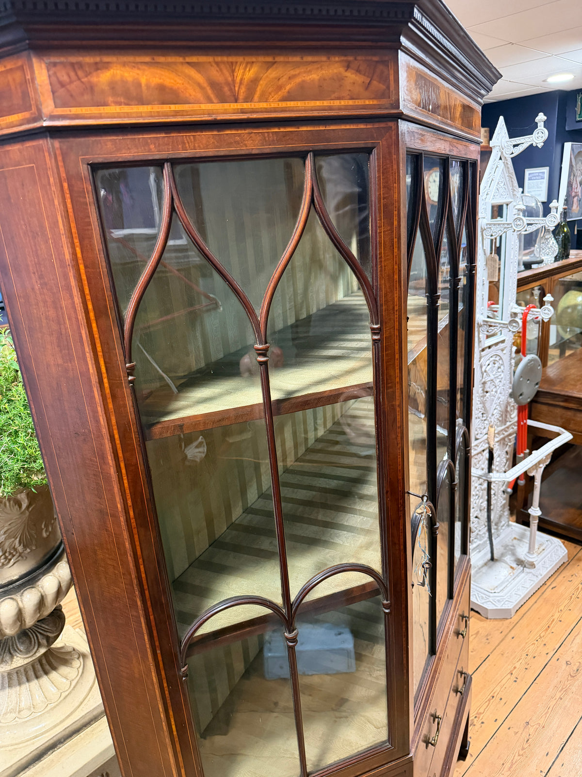 Large Antique Sheraton Style Edwardian Inlaid Mahogany Display Cabinet & Drawers