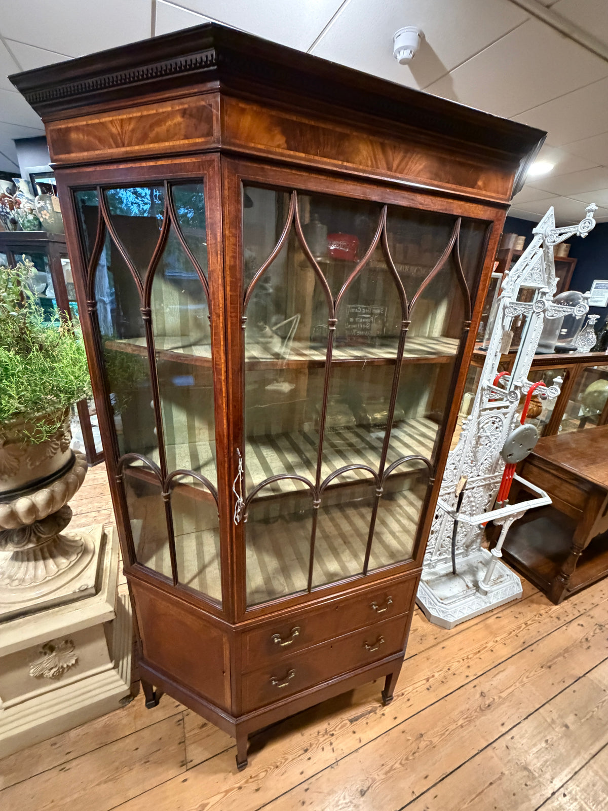 Large Antique Sheraton Style Edwardian Inlaid Mahogany Display Cabinet & Drawers