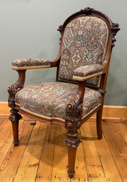 Stunning Antique Victorian Carved Walnut Upholstered Armchair c1890