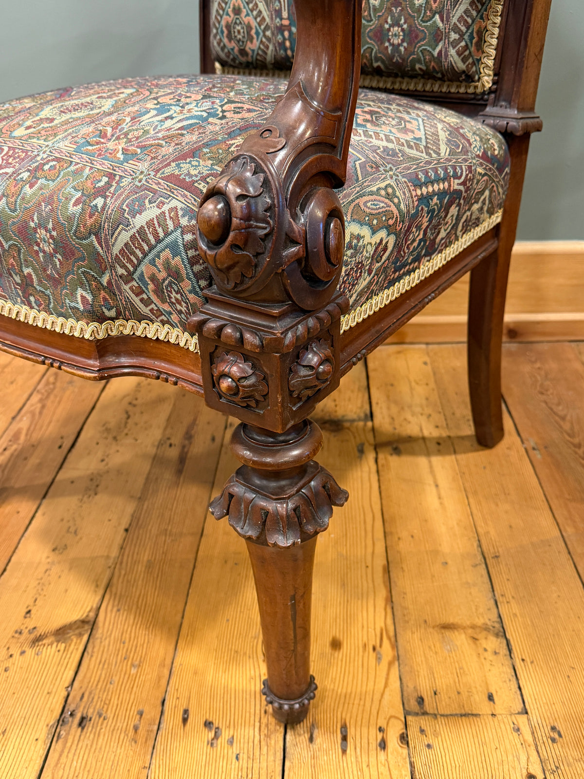 Stunning Antique Victorian Carved Walnut Upholstered Armchair c1890