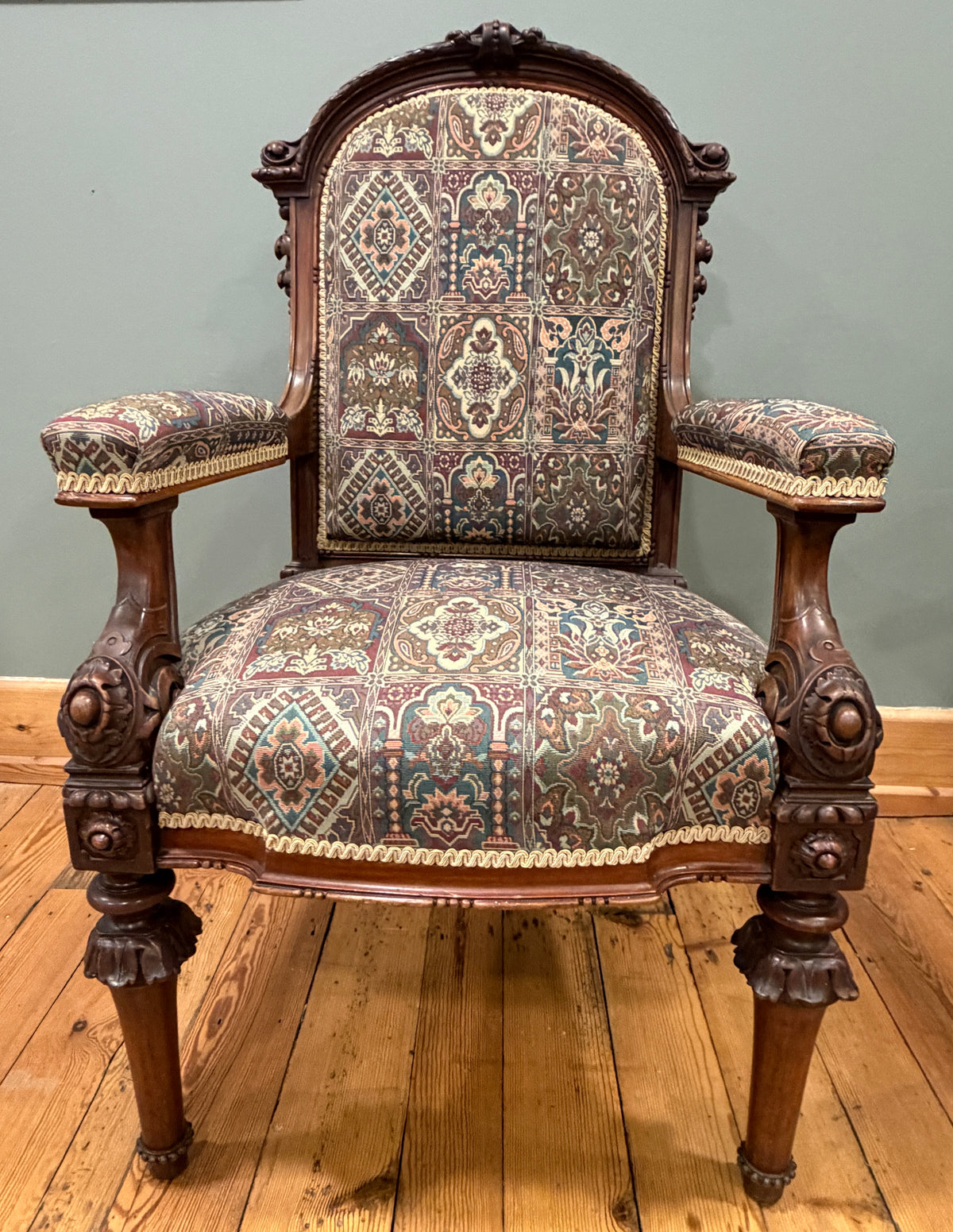 Stunning Antique Victorian Carved Walnut Upholstered Armchair c1890