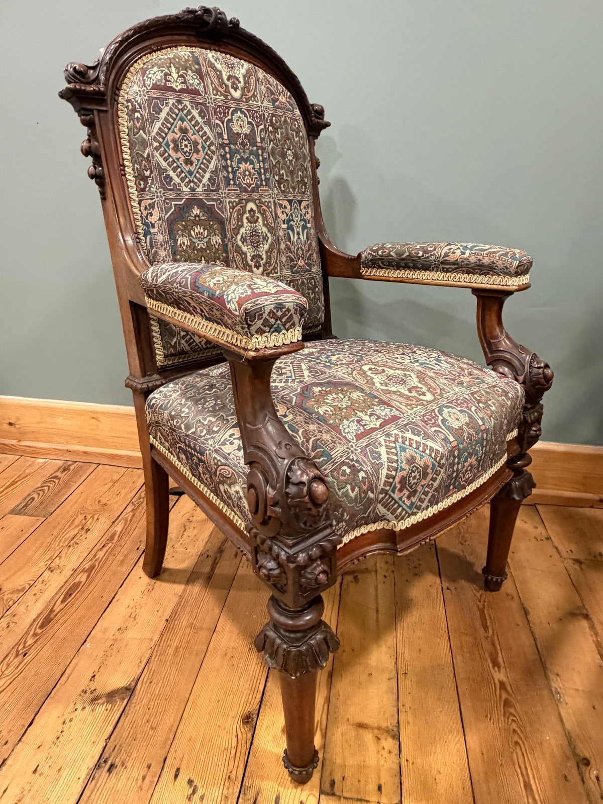 Stunning Antique Victorian Carved Walnut Upholstered Armchair c1890