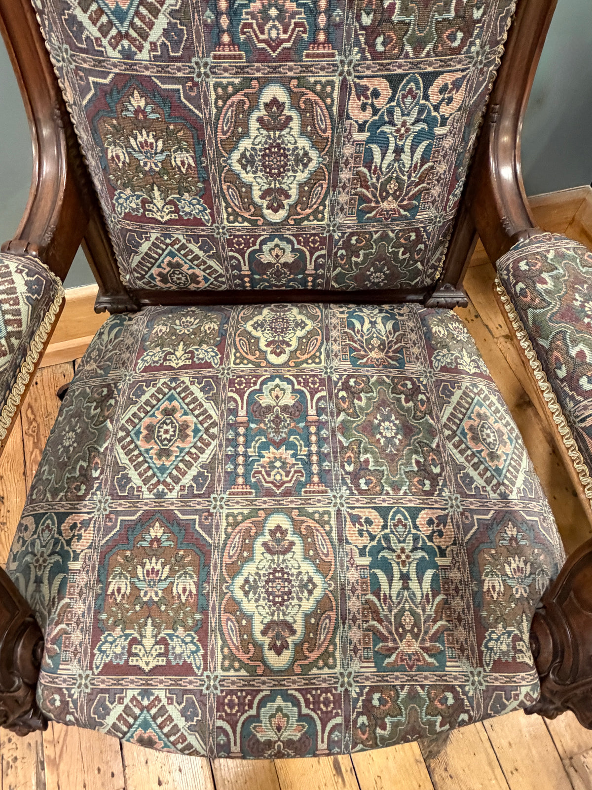 Stunning Antique Victorian Carved Walnut Upholstered Armchair c1890