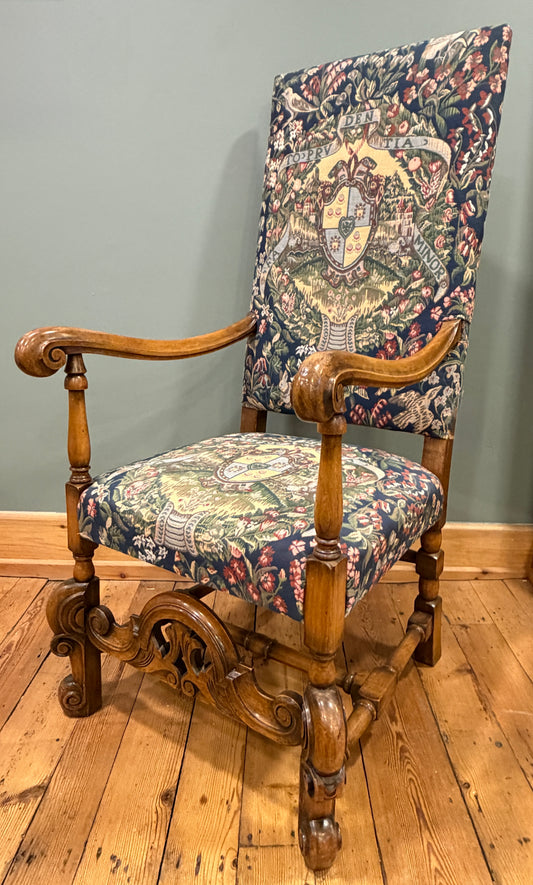 Stunning Antique Carolean Style Carved Walnut Tapestry Upholstered Armchair 1900