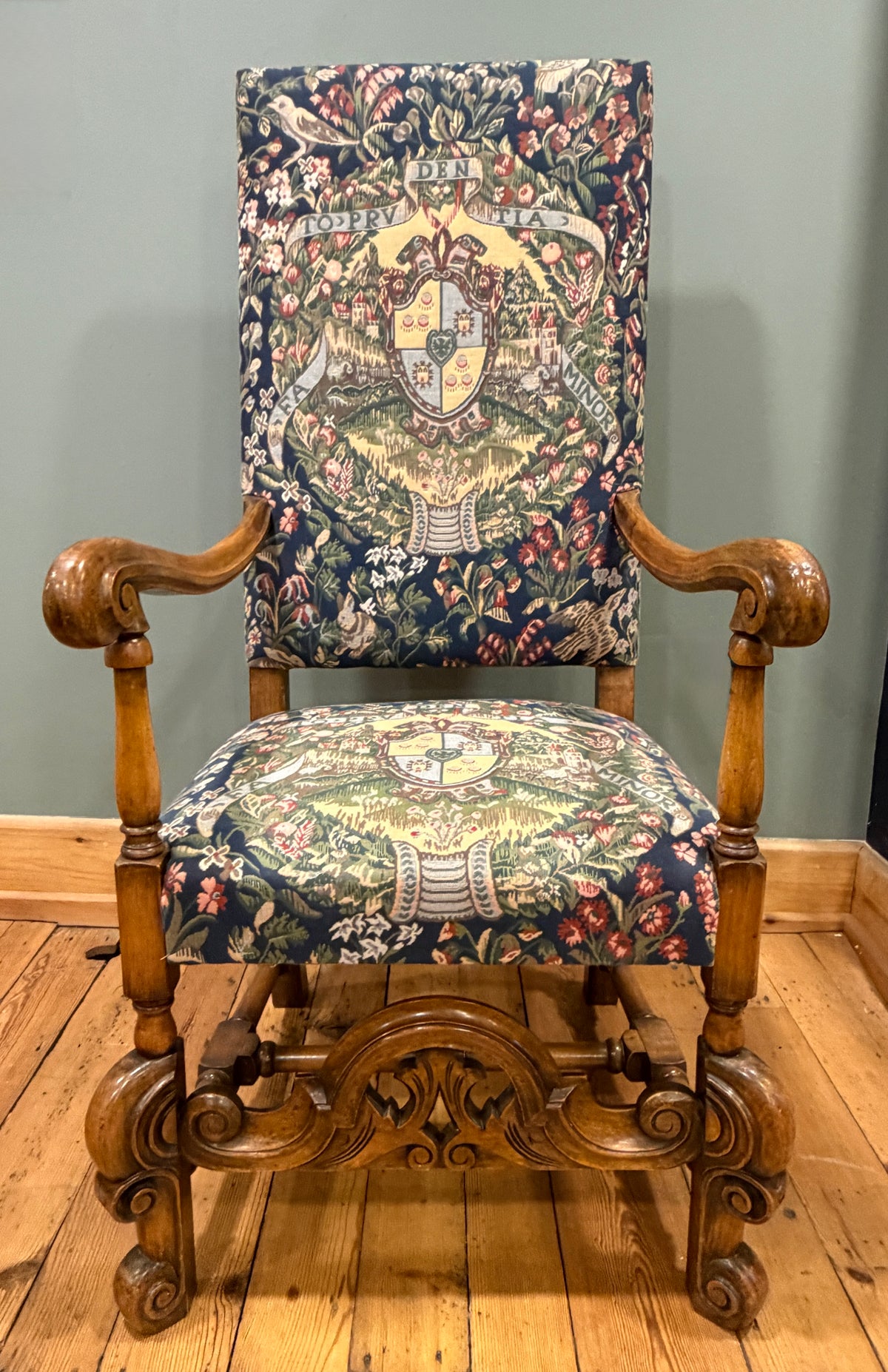 Stunning Antique Carolean Style Carved Walnut Tapestry Upholstered Armchair 1900
