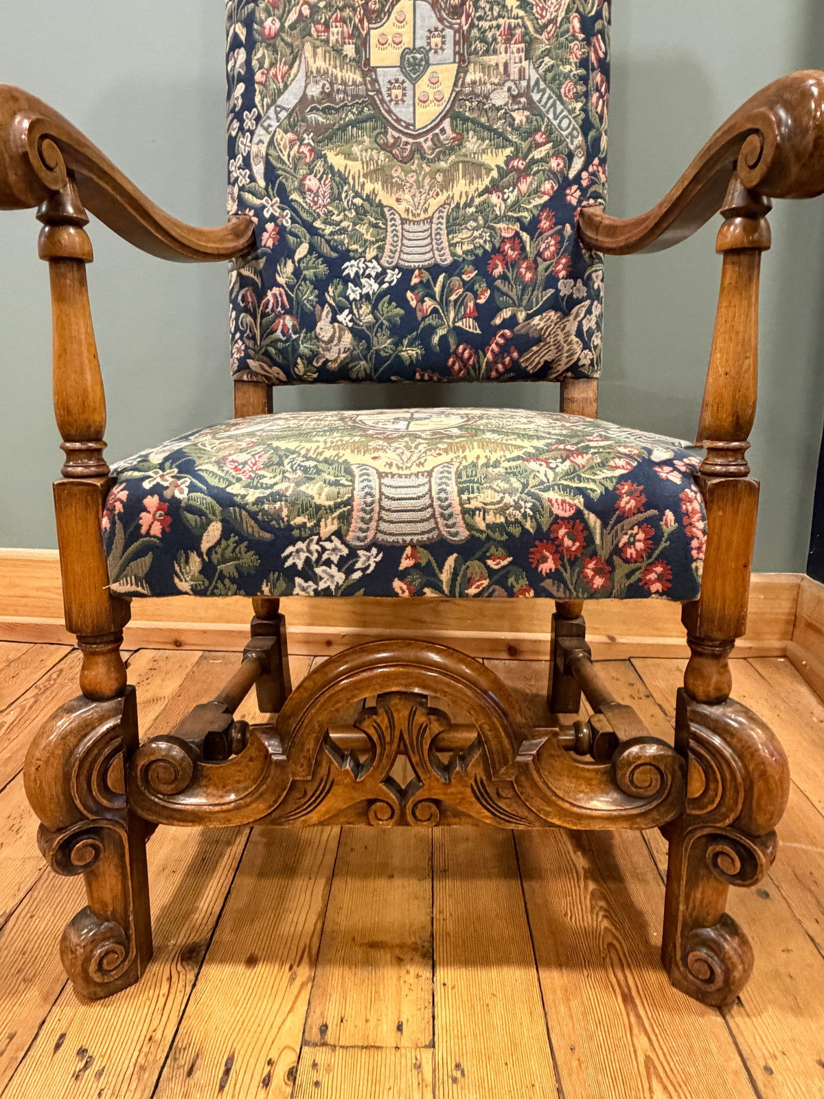 Stunning Antique Carolean Style Carved Walnut Tapestry Upholstered Armchair 1900