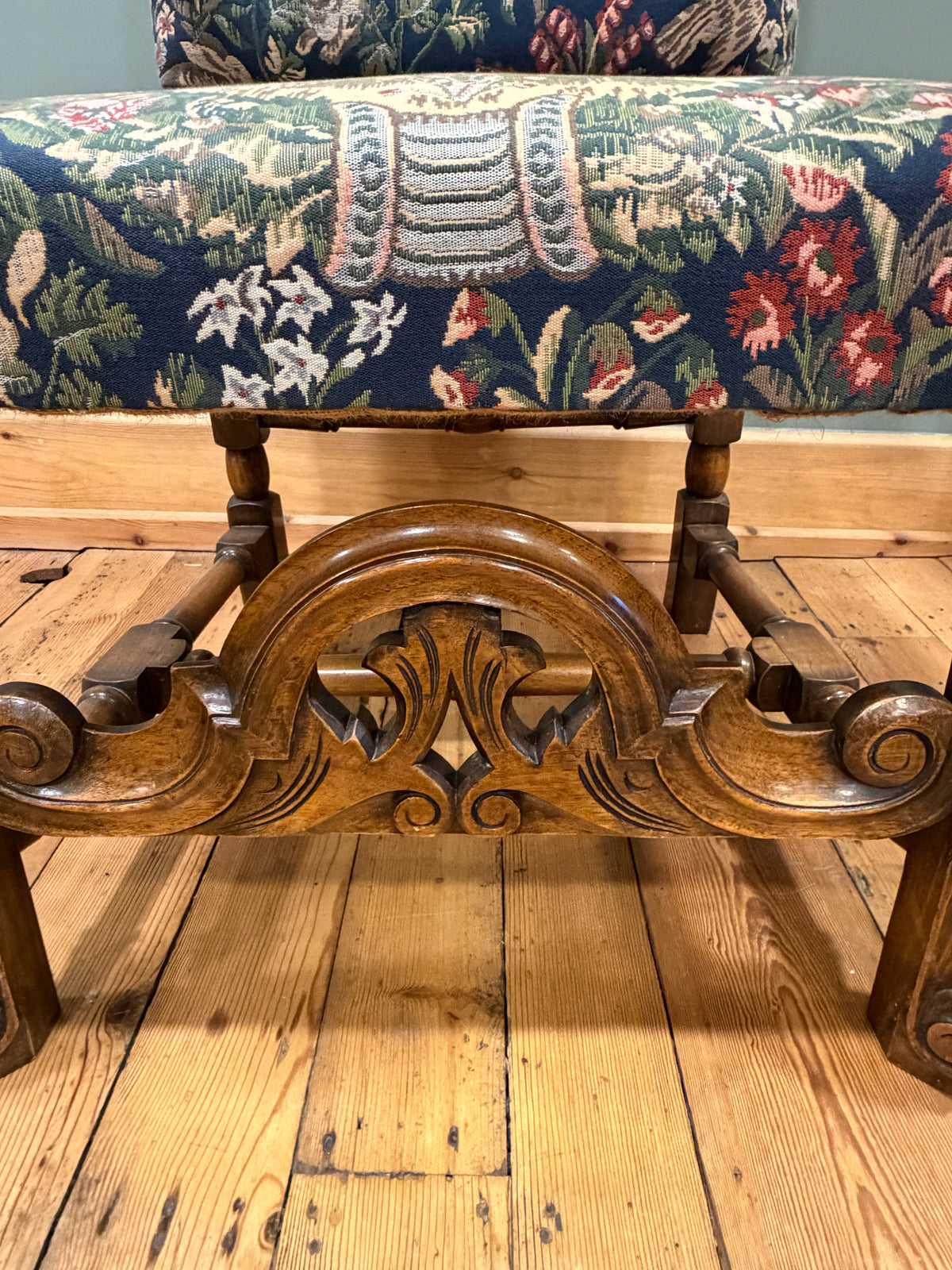 Stunning Antique Carolean Style Carved Walnut Tapestry Upholstered Armchair 1900