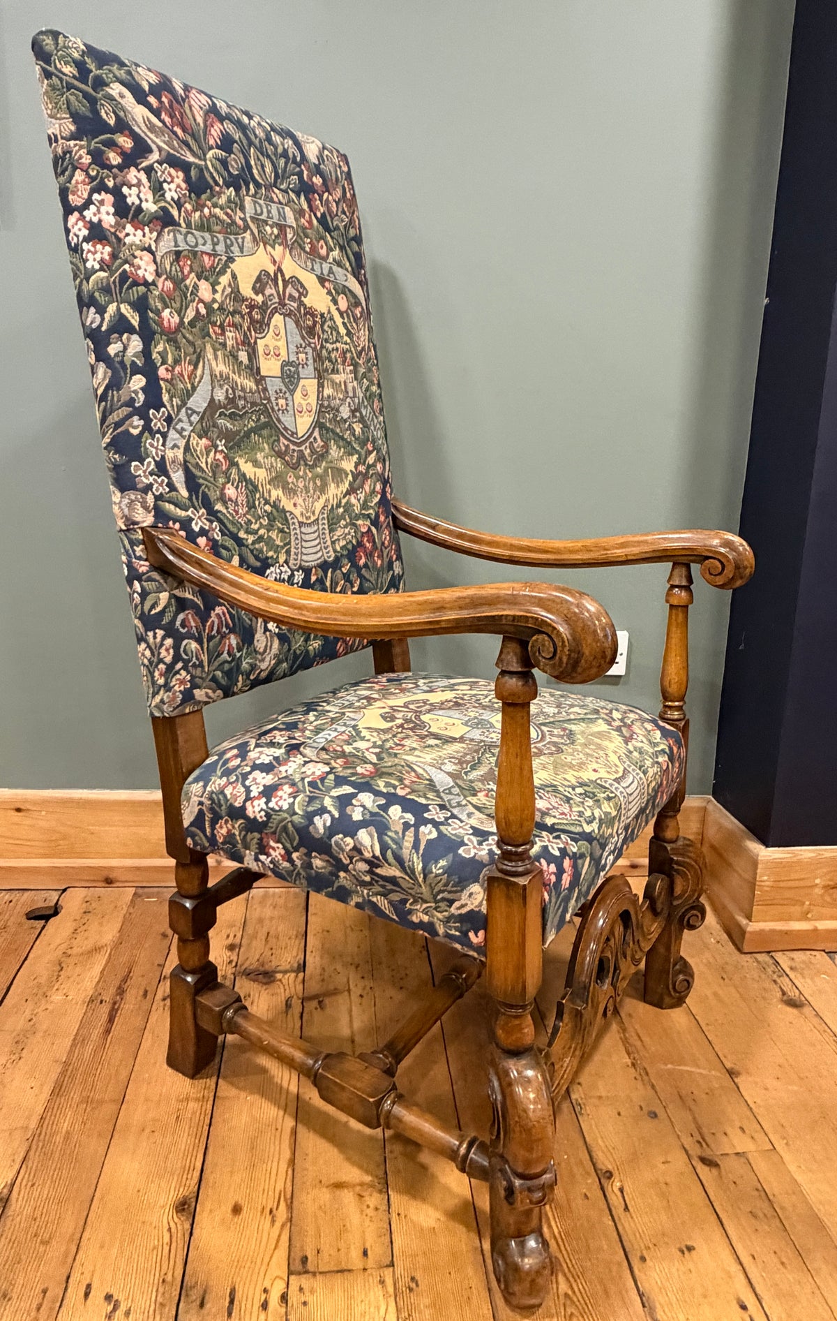 Stunning Antique Carolean Style Carved Walnut Tapestry Upholstered Armchair 1900