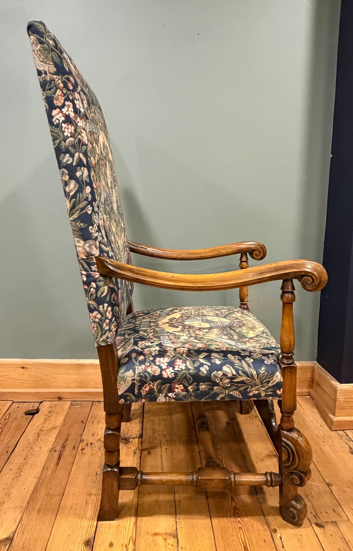 Stunning Antique Carolean Style Carved Walnut Tapestry Upholstered Armchair 1900