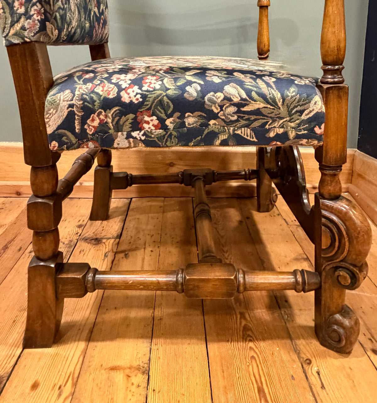 Stunning Antique Carolean Style Carved Walnut Tapestry Upholstered Armchair 1900