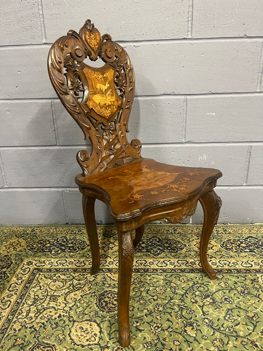 Rare Antique Carved Inlaid Walnut Black Forest Swiss Musical Chair Harrods c1890