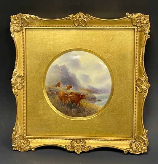 A Rare Royal Worcester Framed Porcelain Plaque Highland Cattle Signed Stinton c1920