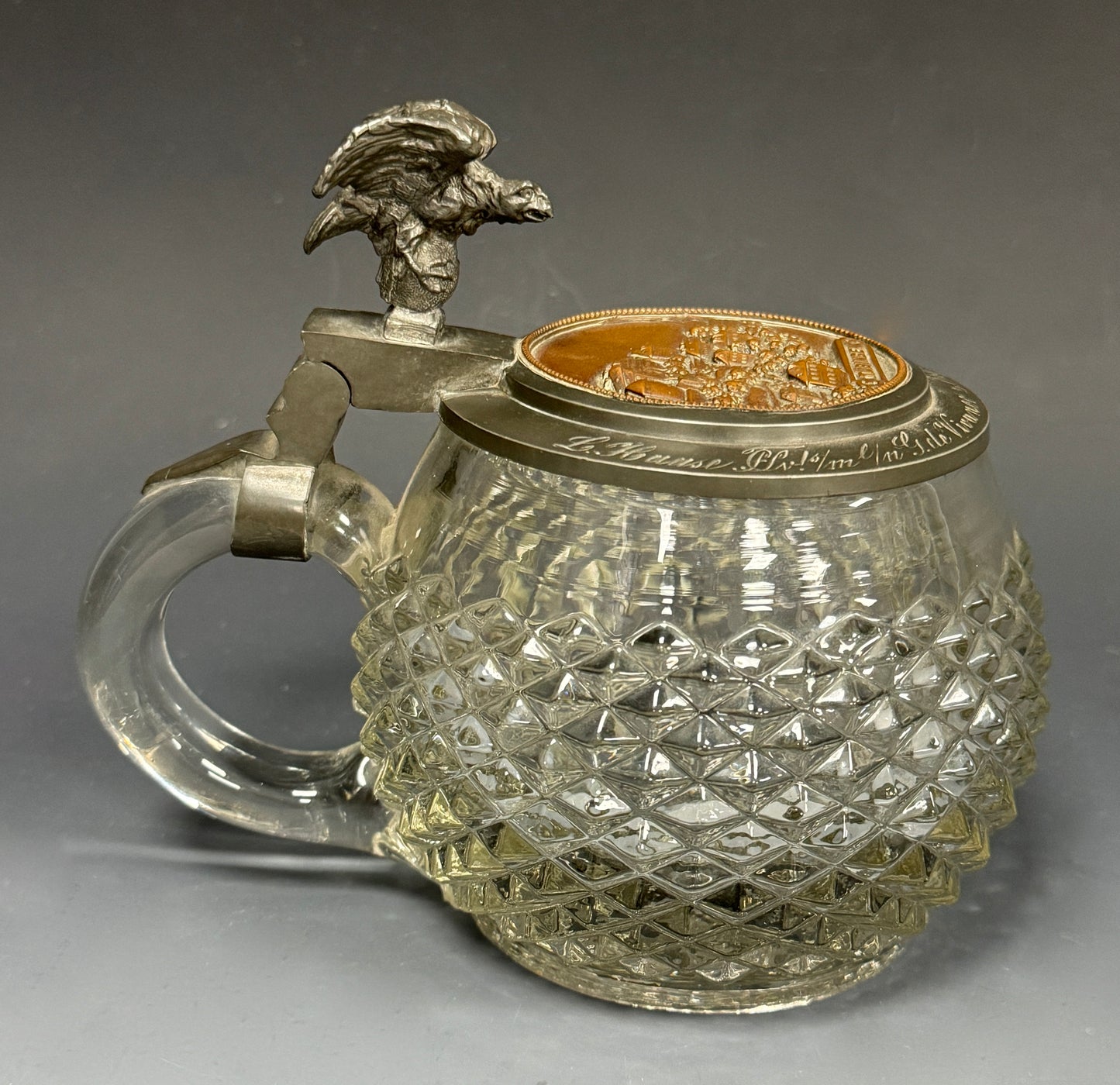 Antique Tübinger Igel Hedgehog Hobnail Glass Eagle Lidded Beer Stein Dated 1904