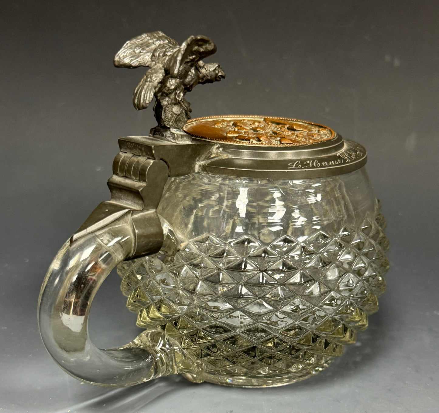 Antique Tübinger Igel Hedgehog Hobnail Glass Eagle Lidded Beer Stein Dated 1904