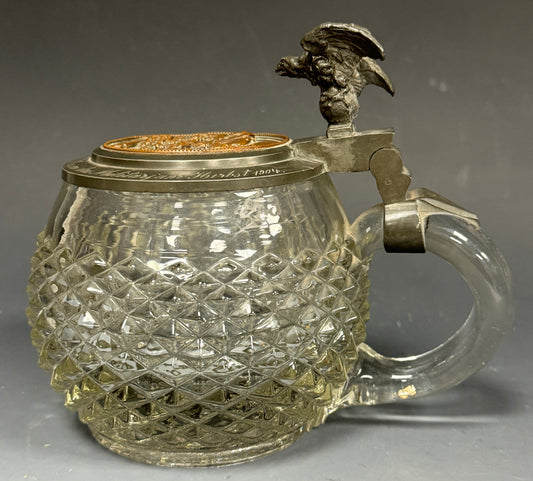 Antique Tübinger Igel Hedgehog Hobnail Glass Eagle Lidded Beer Stein Dated 1904