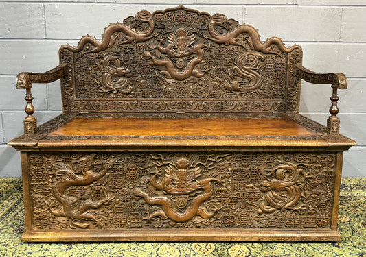 Antique Anglo Indian Teak Settle / Bench Carved Chinese Style Jabbar Khan c1900