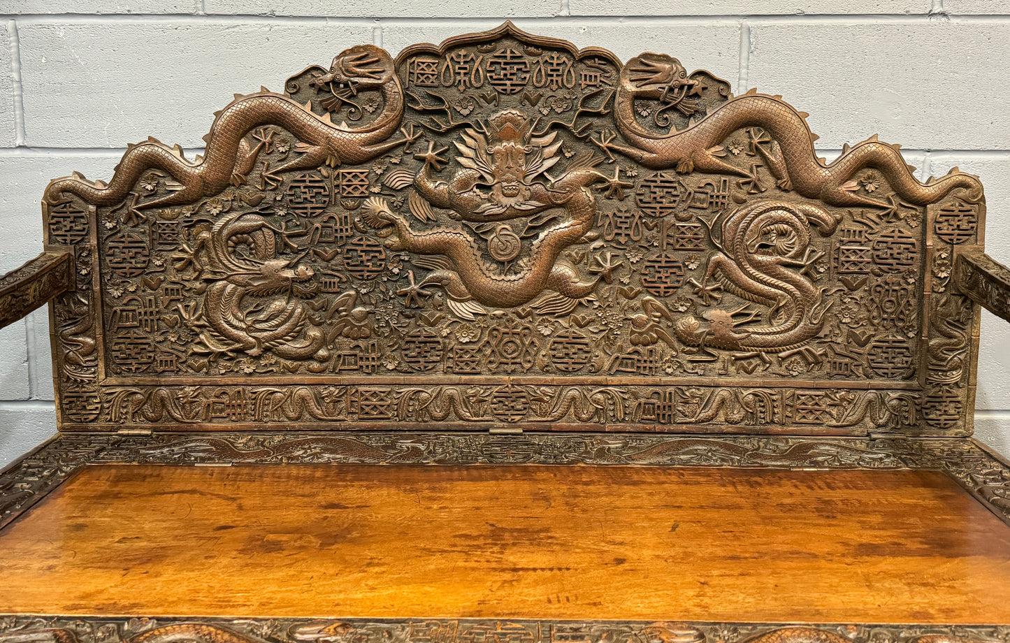 Antique Anglo Indian Teak Settle / Bench Carved Chinese Style Jabbar Khan c1900