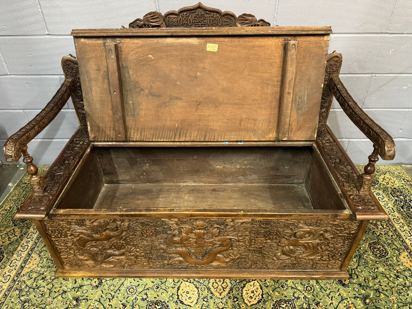 Antique Anglo Indian Teak Settle / Bench Carved Chinese Style Jabbar Khan c1900