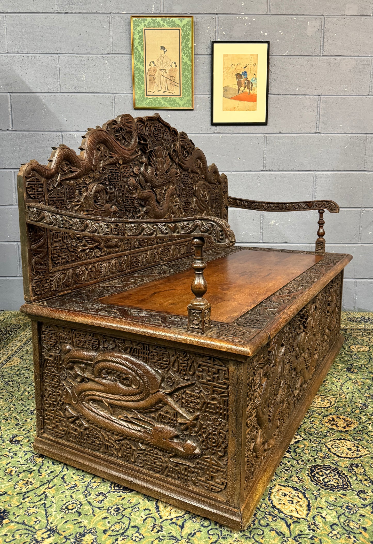 Antique Anglo Indian Teak Settle / Bench Carved Chinese Style Jabbar Khan c1900