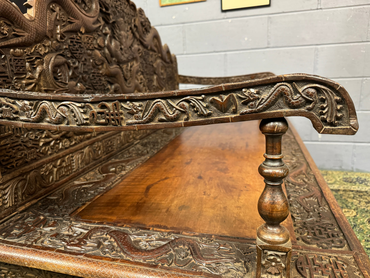 Antique Anglo Indian Teak Settle / Bench Carved Chinese Style Jabbar Khan c1900