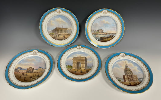 Set of 5 Antique 19th Century Porcelain Plates French Scenes of Paris Sevres ?