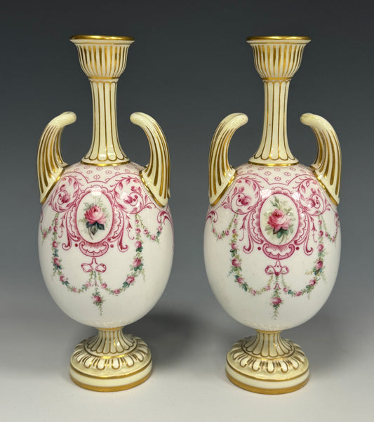 Stunning Pair Antique Royal Worcester Twin Handle Vases Hand Painted Roses c1900