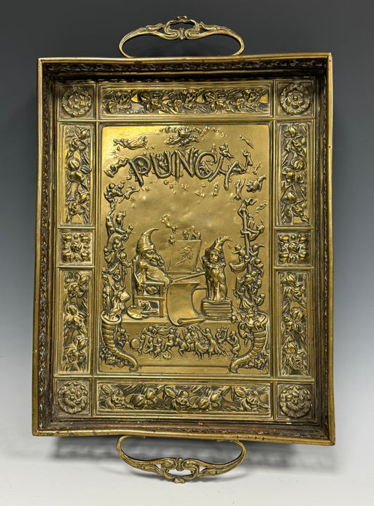 Rare Antique Arts & Crafts Punch & Judy Magazine Brass Twin Handled Tray