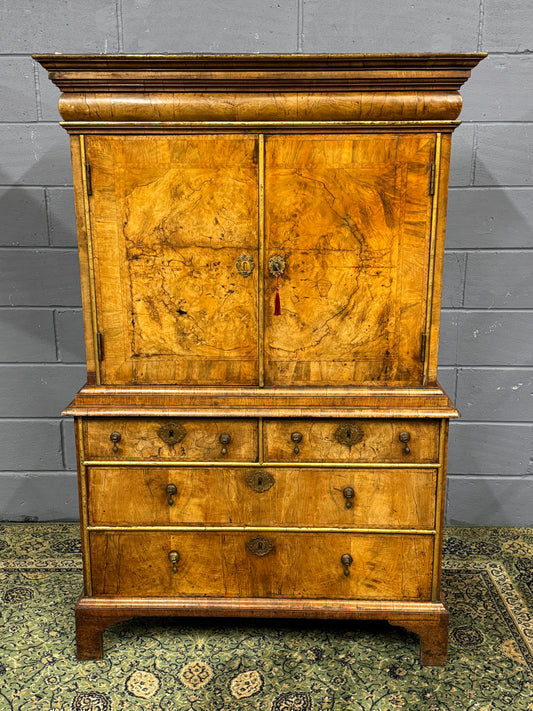 Stunning 18th Century Antique Burr Walnut Cabinet on Chest with Fitted Interior