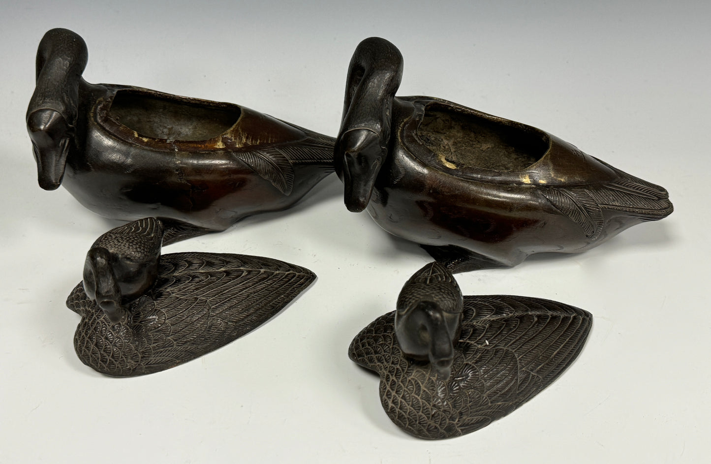 Rare Pair Antique Japanese Bronze Geese Lidded Censer Signed Meiji Period