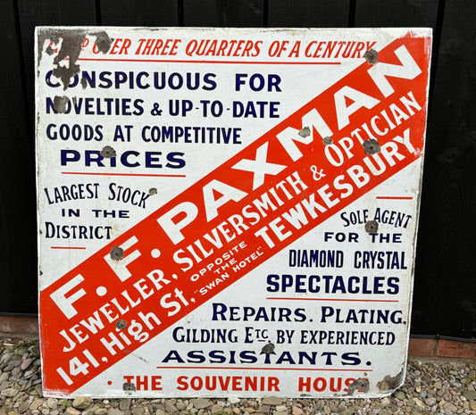 Superb Large Enamel Advertising Shop Display Sign F F Paxman Jeweller Tewkesbury