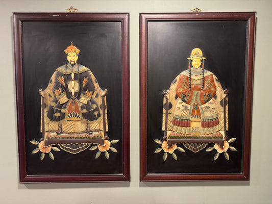 A Stunning Large Pair of Vintage Carved Hardstone Chinese Emperor and Empress Portraits