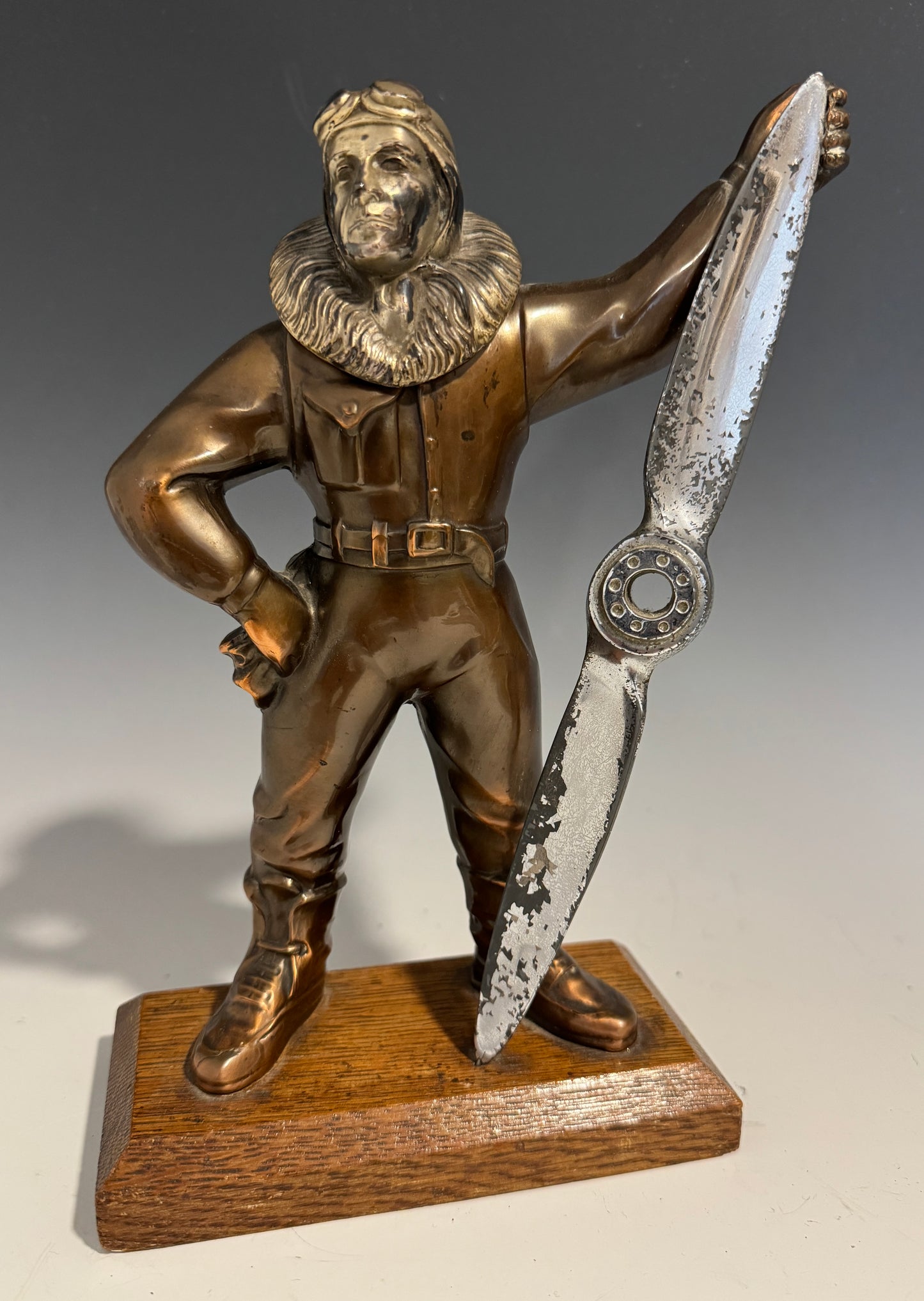 Rare 1930's WWII RAF Pilot Bronze Spelter Chrome Table Lighter on Oak Base