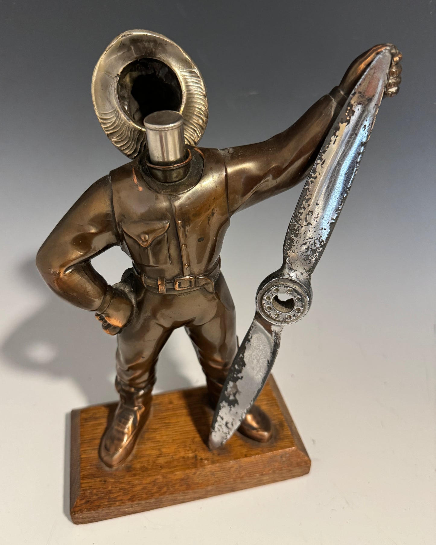 Rare 1930's WWII RAF Pilot Bronze Spelter Chrome Table Lighter on Oak Base