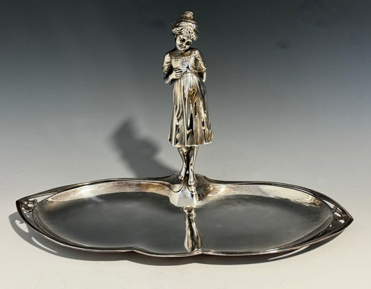 A Stunning Antique WMF Silver Plated Dish / Tray with Young Girl signed c1910