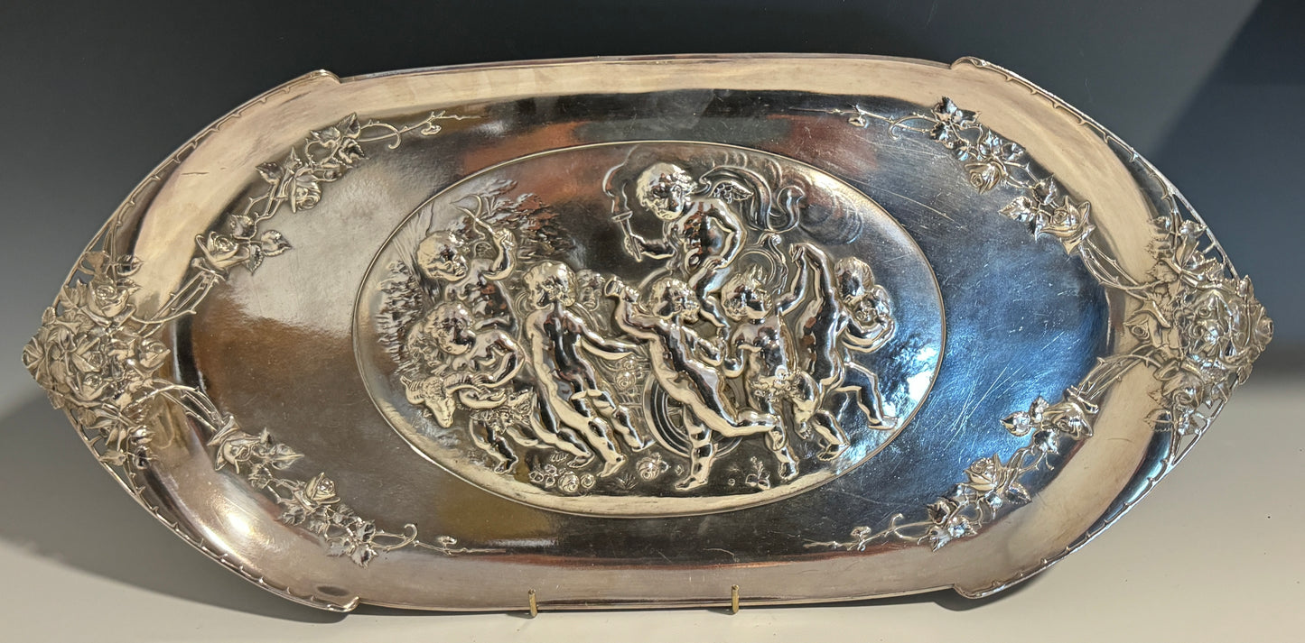 A Large Antique Silver Plated WMF Tray with Embossed Cherubs signed c1910