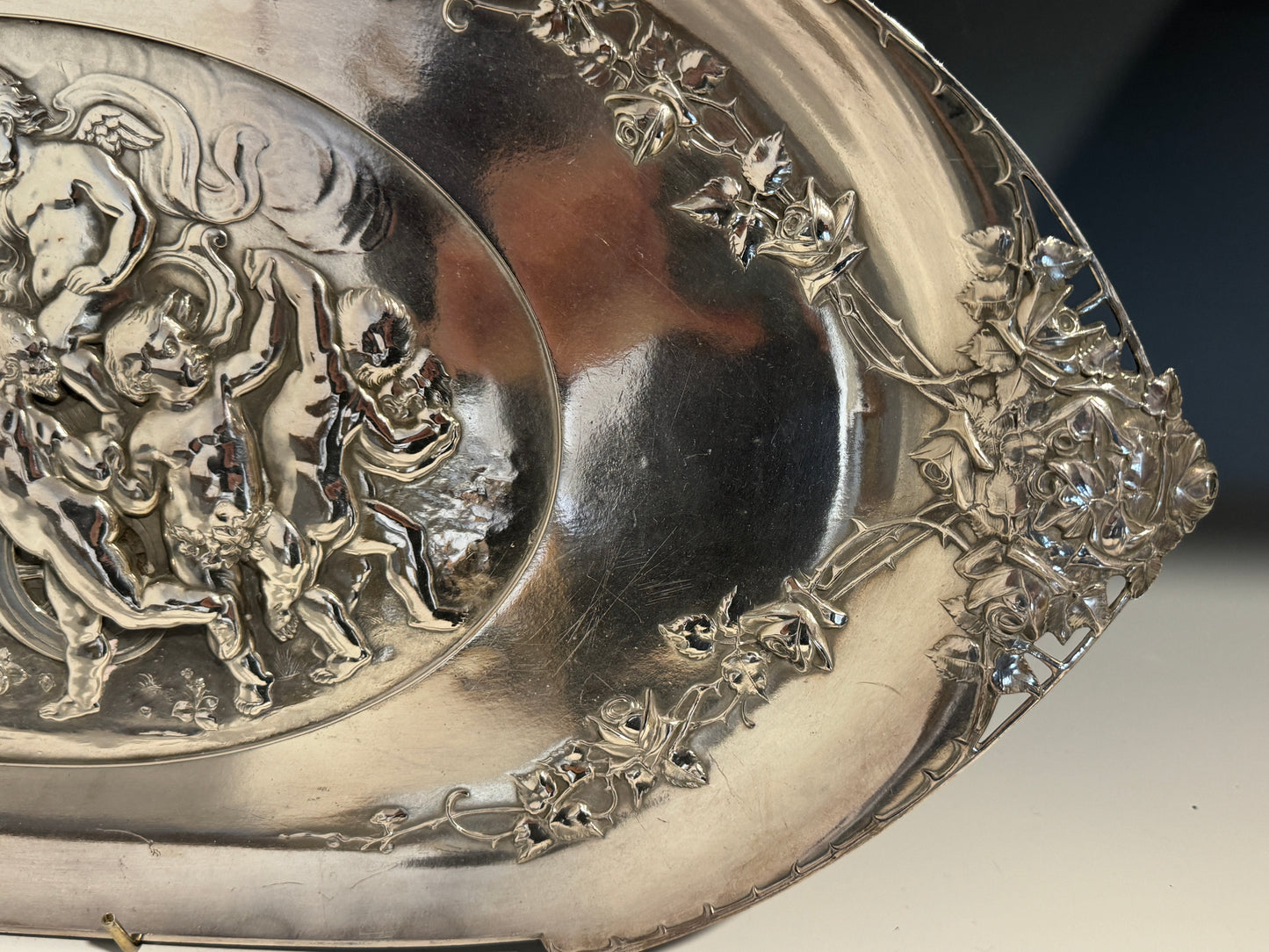 A Large Antique Silver Plated WMF Tray with Embossed Cherubs signed c1910