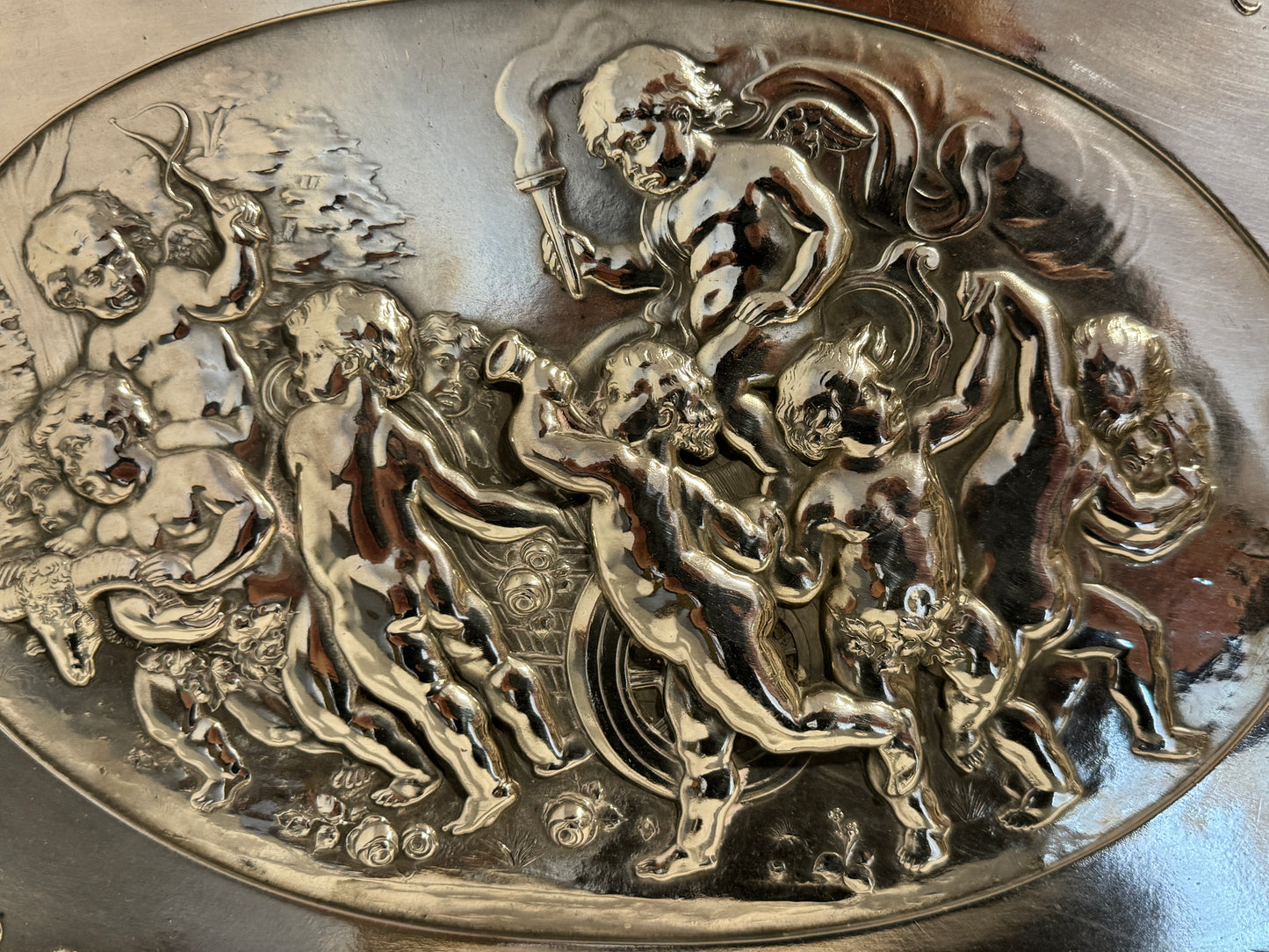 A Large Antique Silver Plated WMF Tray with Embossed Cherubs signed c1910