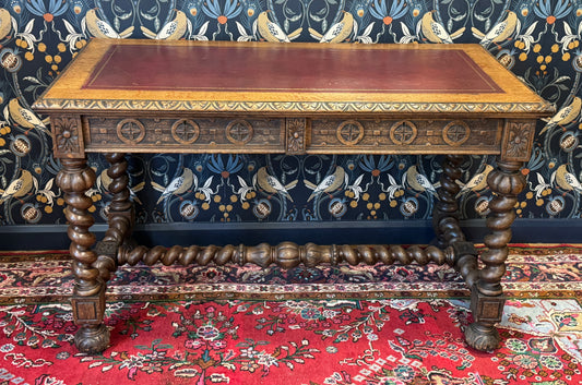 Antique Victorian Carved Oak Desk by Edwards & Roberts c1890