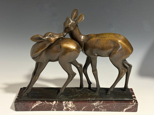 Art Deco Bronze of Two Fawns on Marble Base signed F Martini