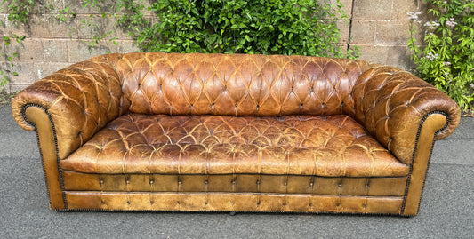 Antique Vintage Brown Leather Time Worn 3 Seater Chesterfield Sofa